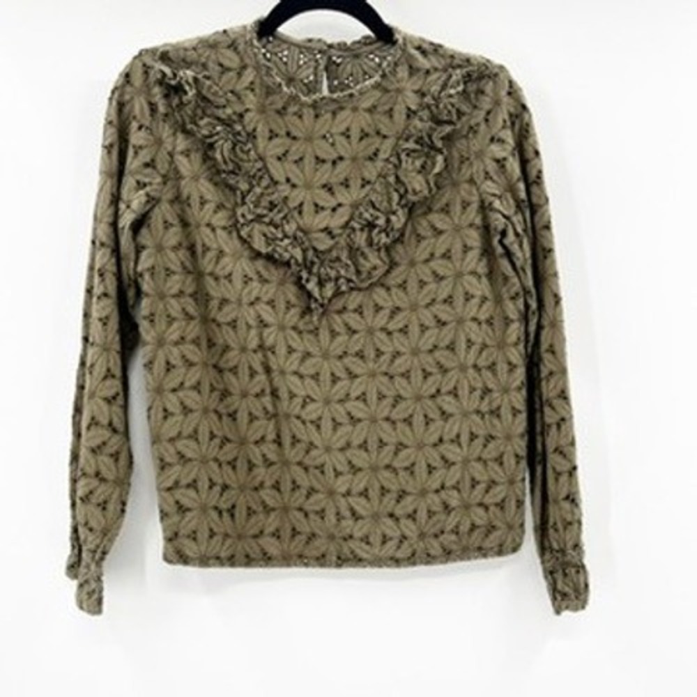 Cooper & Ella Women's Olive Green Embroidered Ruffle Neck Long Sleeve Top Size S